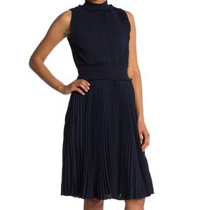 NWT Navy Pleated Smocked Neck & Waist Dress